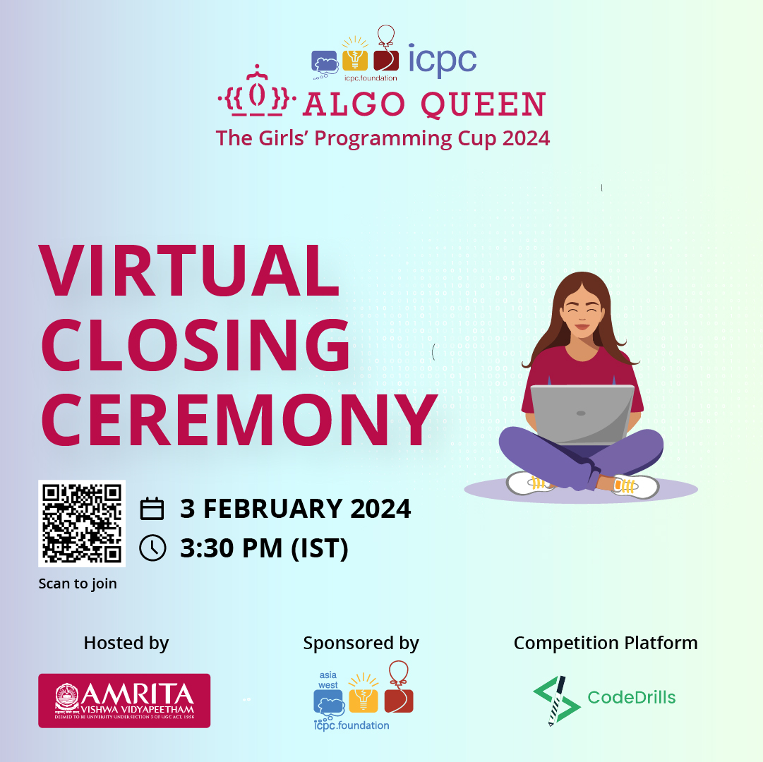 CodeDrills's tweet photo. Join us live for the ICPC AlgoQueen 2024 Award Ceremony! 🎉 🏆

🗓 When: 3rd February, 2024

⏰ Time: 3:30 PM IST

📍 Where: https://t.co/LxMYHZP9rf

👉 Set a reminder and spread the word. See you there!

#AlgoQueen2024 #WomenInTech #codingcompetition #icpc #icpc2024 https://t.co/WbsCx7l7tw