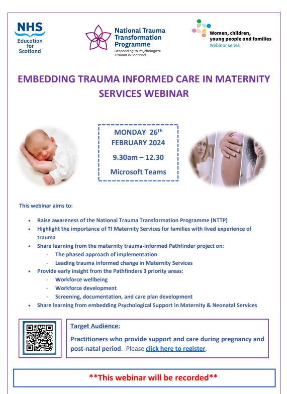 Exciting new webinar to share learning from the maternity Trauma-Informed Pathfinder Project, Registration now open #TransformingPsychologicalTrauma forms.office.com/pages/response… 
@lorrafarrow14 @DrMariaPollard @sferguson407 @McGuire_Clare @sgchiefmidwife @CNOScot @JakiLambert