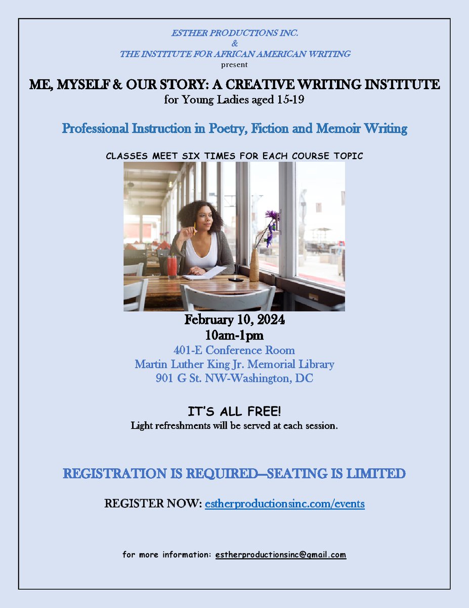 Good morning, I hope all is well with you and that you are having a pleasant 2024 so far. Please note the flyer for Me, Myself and Our Story (designed for teen girls ages 15 - 19) has been updated. 

For more information: write to estherproductionsinc@gmail.com.

Thank you #dmv