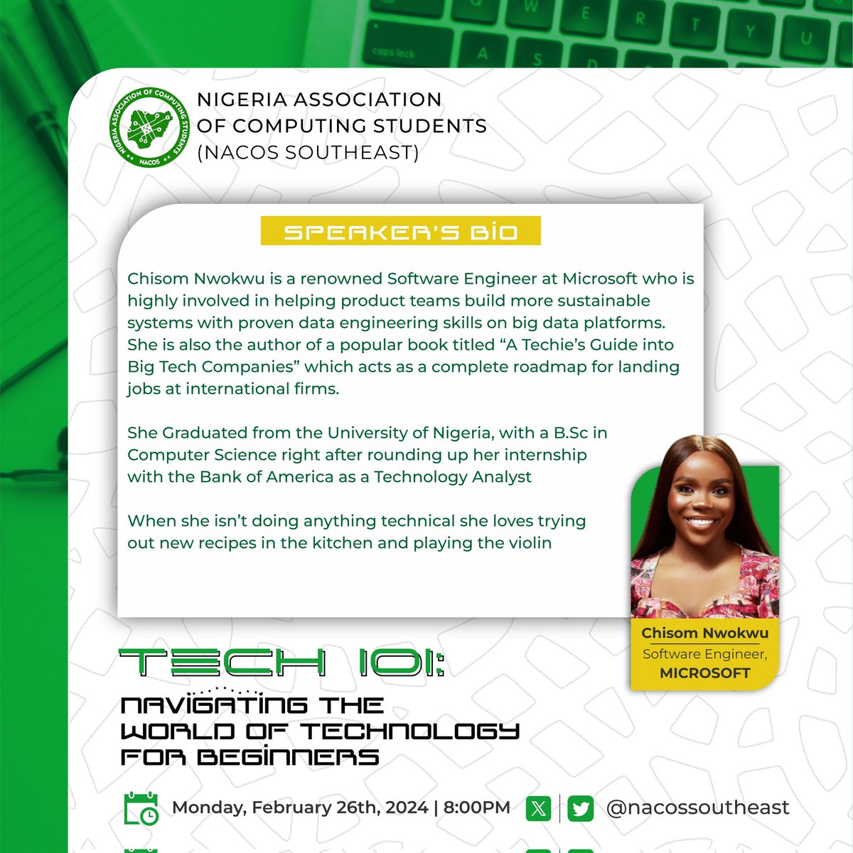 nacossoutheast's tweet image. 🚀Excited about our next Twitter Space.
🙌Worry no more just try not to miss out. Get ready for a thrilling cosmic tech adventure! 
Meet our amazing speakers @tech_queen and @olanetsoft 
Fasten your seatbelts!
 🚀✨🌌💡 #TechUnleashed #TwitterSpaceTech 🚀