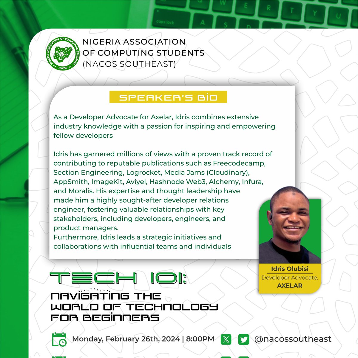 nacossoutheast's tweet image. 🚀Excited about our next Twitter Space.
🙌Worry no more just try not to miss out. Get ready for a thrilling cosmic tech adventure! 
Meet our amazing speakers @tech_queen and @olanetsoft 
Fasten your seatbelts!
 🚀✨🌌💡 #TechUnleashed #TwitterSpaceTech 🚀