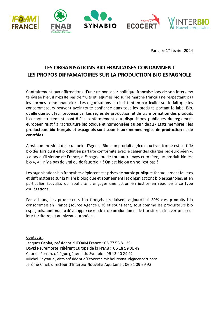 ⚠️ RAPPEL : Les producteurs #bio français et espagnols sont soumis aux mêmes règles de production et de contrôles !
➡️ Alors qu’il vienne de #France, d’#Espagne ou de tout autre pays européen, un produit #bio est #bio !