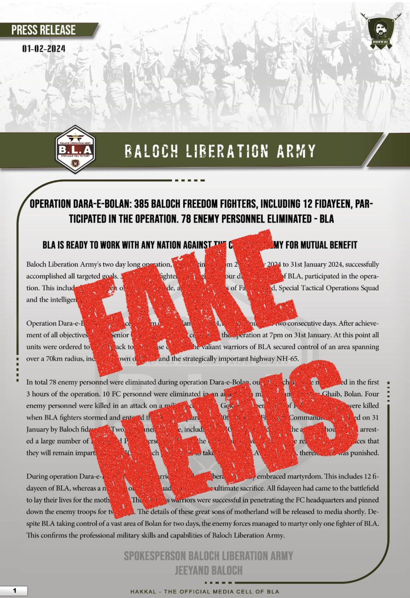 PakistanFauj's tweet photo. 🚨#ISPR - Once again BLA Fake Propaganda Exposed

The BLA attack was a well planned and coordinated attack with the intention of causing maximum loss of life, damage & destruction.

#Balochistan #Mach #Pakistan

With the will of Allah, our security forces managed to take full control of the situation, giving a befitting response while sending 21 BLA terrorists to hell. 

The dead bodies, heavy weapons and ammunition recovered from the fleeing terrorists is proof that their mission failed.

The BLA poster attached is a face saving attempt, trying to show the attack as a victory but in actual fact it was a miserable failure and their claims are total lies.

Pakistan Zindabad 

Pak Army Zindabad