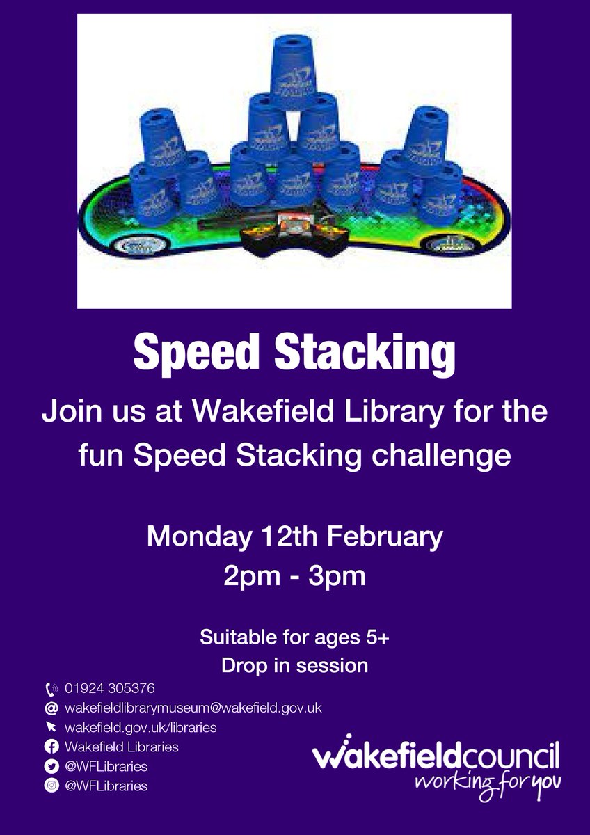 WFlibraries's tweet photo. 🥤👋Join us at #WakefieldLibrary for the fun speed stacking challenge!
📅Mon 12 Feb ⏰2-3pm 📍Wakefield Library
For ages 5+
No booking required!

#speedstacking #fun #thingstodo
@wakefieldmuseums @wakeymumbler https://t.co/dSRGVSvDdT