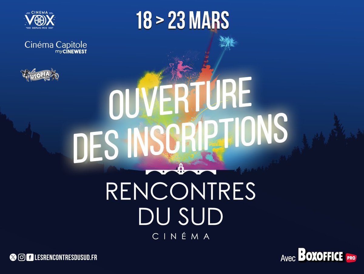 ✨OUVERTURE DES INSCRIPTIONS ✨

Les inscriptions en ligne pour les professionnels du cinéma sont ouvertes ! 🎬

 Inscriptions ➡ vu.fr/DPrgf

Restez connectés pour les séances grand public ! 

#Avignon <a href="/Boxoffice_FR/">Boxoffice Pro</a> #rencontresdusud