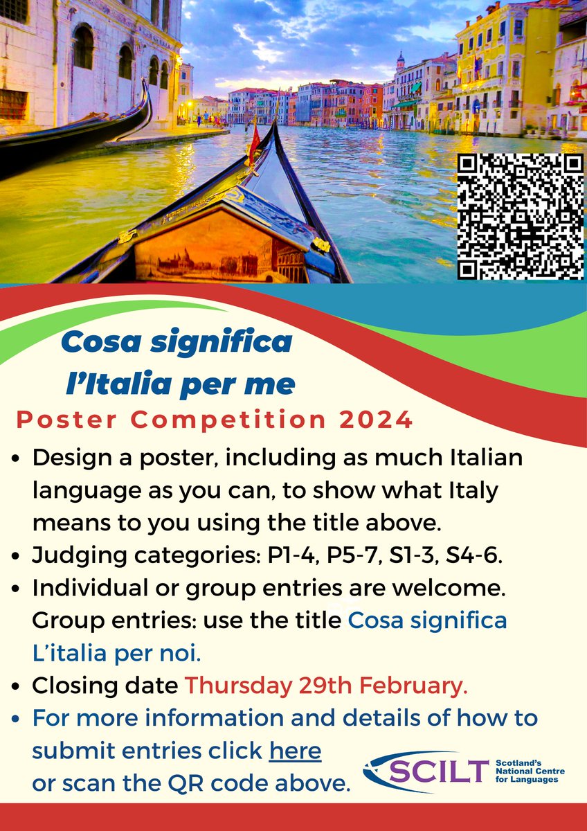 Our new poster competition is for school-aged learners of #Italian (includes those with no prior learning). Pupils use whatever knowledge of Italian and Italy they have to show what Italy means to them. Submit entries by 29 February. More info: loom.ly/h4VZGnk
