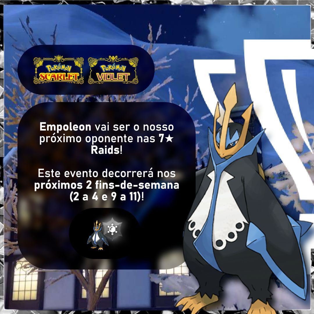 O Water/Steel Pokémon de Sinnoh, Empoleon, vai ter destaque neste novo evento de Tera Raids!🐧❄️ 

#pokemon #pokemonscarletviolet #paldea #teraraids #empoleon #icetype