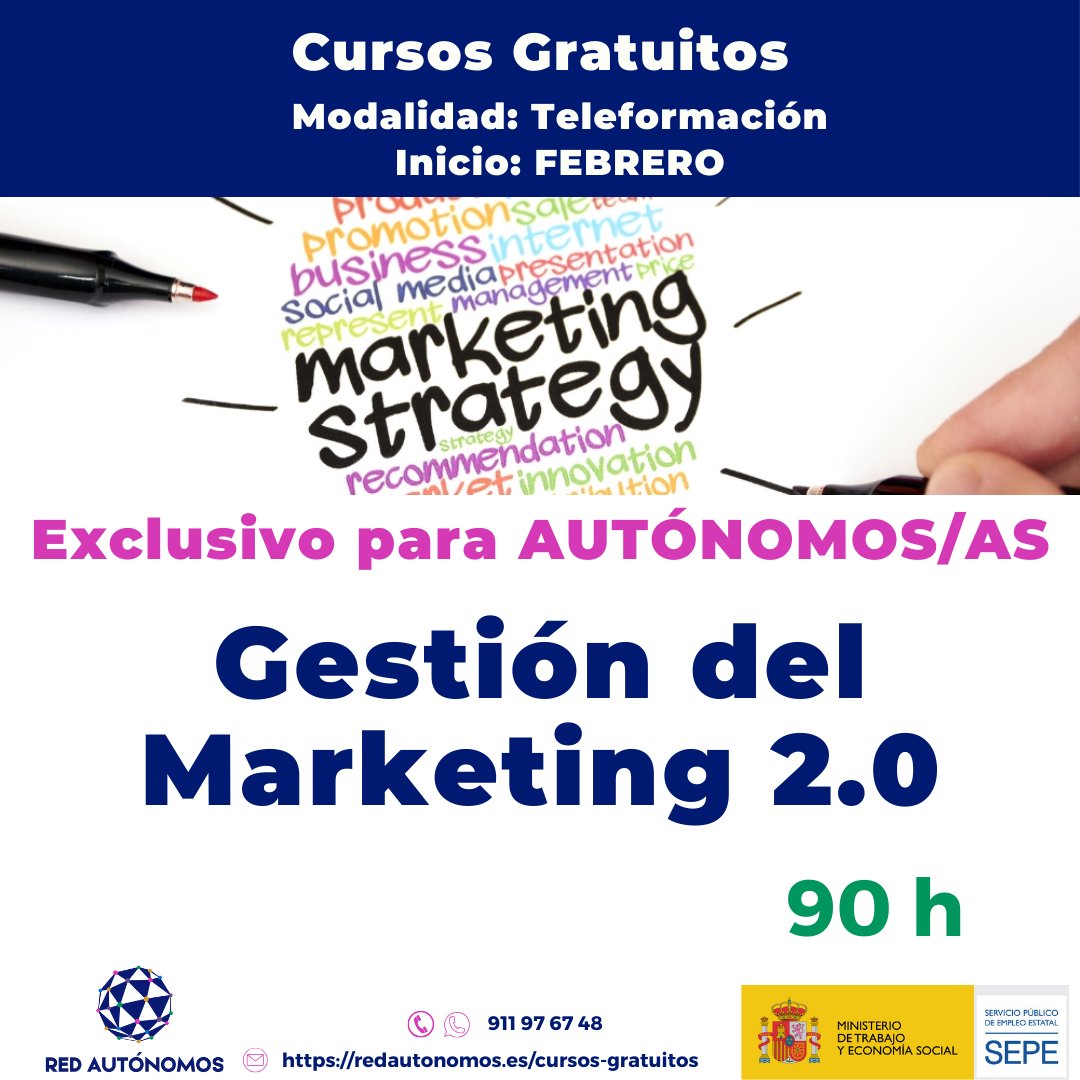 🛒 Curso Gratuito de Gestión del Marketing 2.0
📆 Inicio: 05 febrero
⏳ 90 horas
💻 Teleformación
+info 🔗 i.mtr.cool/ntvieophkk