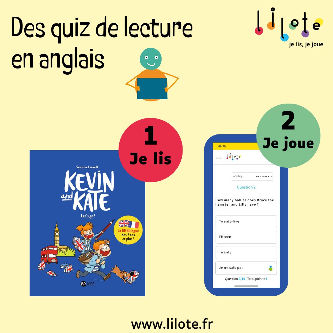 🤩 Des quiz de lecture en anglais ! 🤩
Lilote vous accompagne dans l'apprentissage de l'anglais en vous proposant plus de 120 quiz sur différents livres en anglais ou bilingues. 
Ces quiz portent sur une grande diversité de livres et s’adressent à tous les enfants.