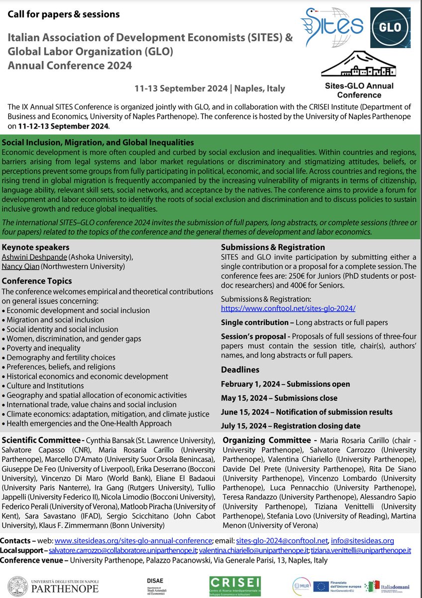 Italian Association of Development Economists (@sites_devecon) on Twitter photo 📢📢Submit your paper to the SITES-GLO 2024 Conference on Development Economics
Keynotes: <a href="/_ADeshpande/">Ashwini_Deshpande</a> (Ashoka University) and Nancy Qian (Northwestern University)
📌 September 11-13, 2024
🌎 Palazzo Pacanowski, Naples
Apply by 15 May 2024
Link to apply: rb.gy/fxfekm 📢📢Submit your paper to the SITES-GLO 2024 Conference on Development Economics
Keynotes: <a href="/_ADeshpande/">Ashwini_Deshpande</a> (Ashoka University) and Nancy Qian (Northwestern University)
📌 September 11-13, 2024
🌎 Palazzo Pacanowski, Naples
Apply by 15 May 2024
Link to apply: rb.gy/fxfekm