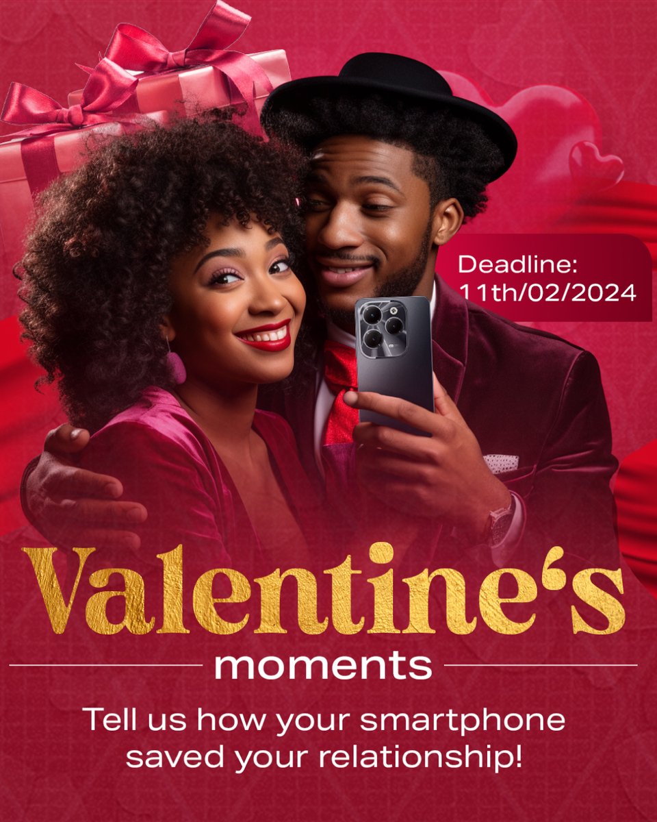 infinixuganda's tweet photo. Tell us how your smartphone saved your relationship and win big this #Valentinesday.
•Prizes
-Smartphones,
-Valentine hampers
-& much more.
•Rules
-Retweet.
-Use hashtag #InfinixValzMoments
-One entry per person, the deadline is Feb 11th
-Winners will be announced on Feb 12th https://t.co/H78ztzFWSK