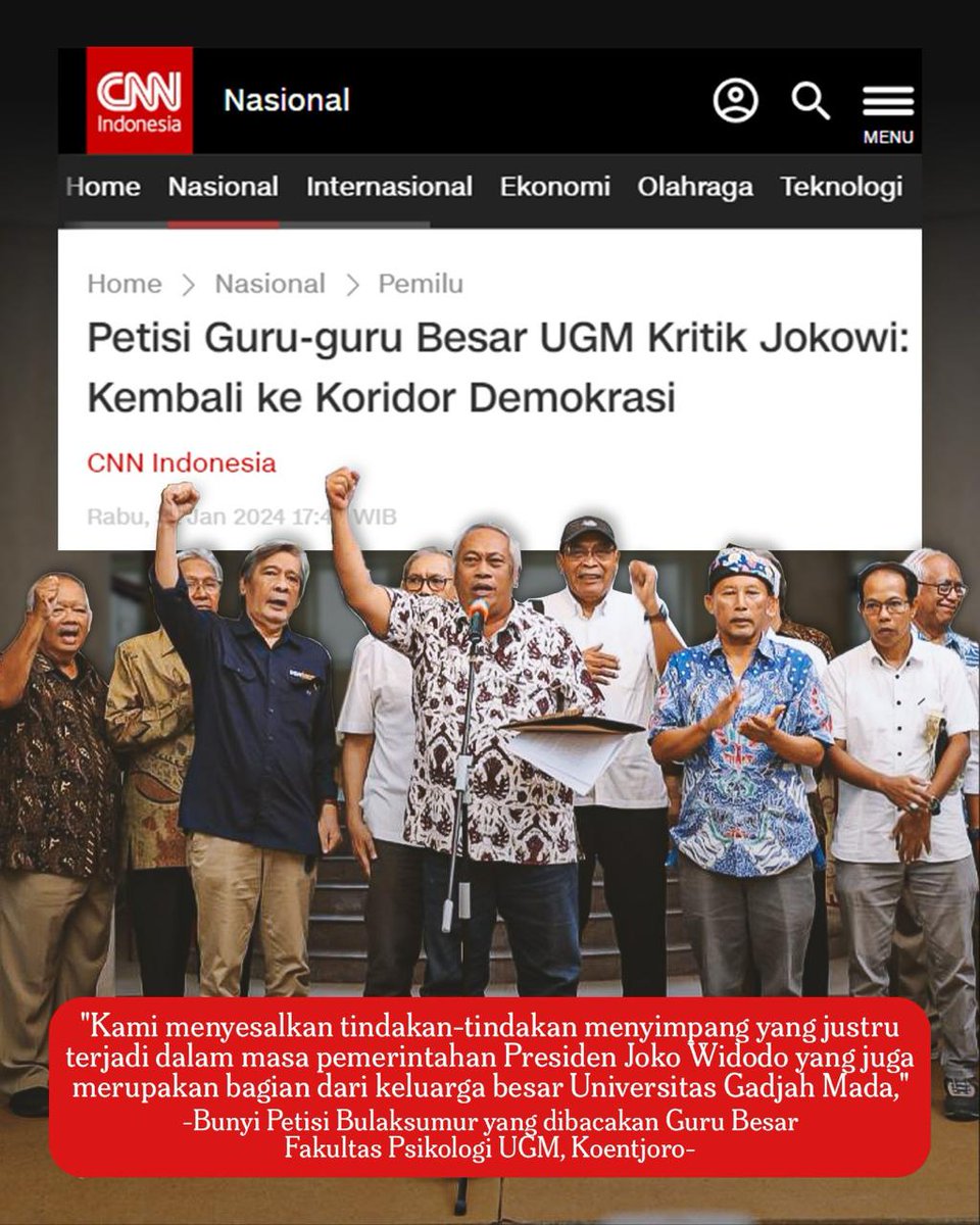 Saat <a href="/jokowi/">Joko Widodo</a> difitnah soal ijazah palsu dll, bersama UGM kita bela.
Tapi saat dia salah kita ingatkan.
Karena kita pendukung bkn penjilat.
Benar katakan benar, salah katakan salah.
Kampus Bergerak 

Akademisi UGM Sampaikan Petisi, Sebut Jokowi Keluar dari Jalur Demokrasi.