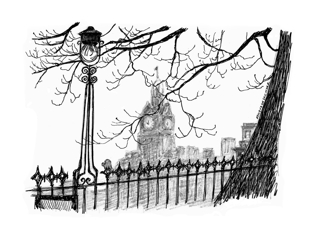 edinsketcher's tweet photo. A #FroBackFriday sketch of @thebalmoral from up on the Mound. 8 years ago amazingly, I love the mixture of pencil and pen to show depth and a hazy princes street in the background. #happyfridayeveryone #edinburghcity #loveedinburgh #artistsontwitter https://t.co/yWO7R7q5aU
