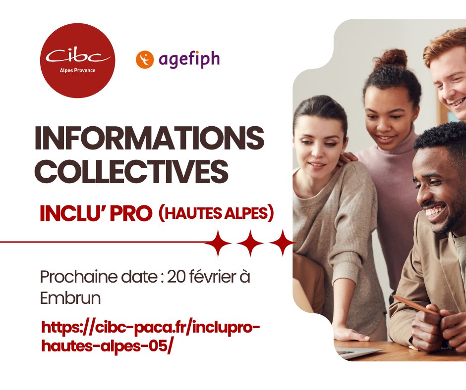 CibcAp's tweet image. 📢 Information collective Inclu’Pro – Hautes-Alpes 📢

Notre prochaine information collective :
📌le mardi 20 février à 10h à Embrun (France Service - Place Dongois 05200 Embrun),

Pour en savoir plus, consultez notre site web : cibc-paca.fr/inclupro-haute…