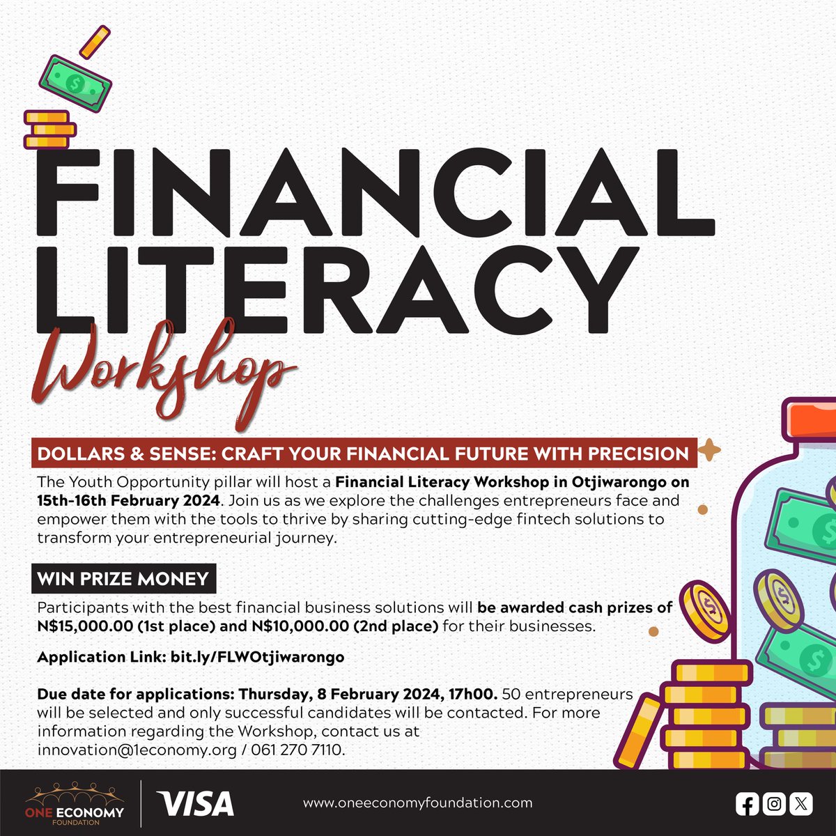 If you haven’t yet applied for our Financial Literacy Workshop in Otjiwarongo, you definitely should! 2 Participants with the best financial business solutions will be awarded cash prizes of N$15,000.00 and N$10,000.00 for their businesses.💰 📌 Apply at bit.ly/FLWOtjiwarongo