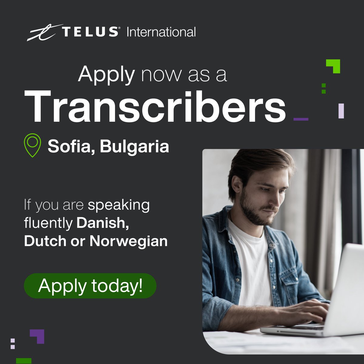 Join our Sofia team. Make the smart, smarter✅

Apply today:
▪️Transcriber with Danish: 
jobs.telusinternational.com/en_US/careers/…

▪️Transcriber with Dutch:
jobs.telusinternational.com/en_US/careers/…

▪️Transcriber with Norwegian:
jobs.telusinternational.com/en_US/careers/…

 #AICommunity #WorkFromHome #AIForAll