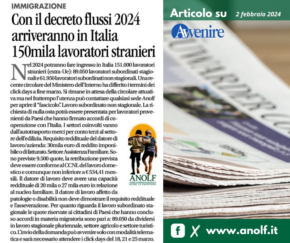 AnolfNazionale's tweet photo. #ANOLF 📰 Articolo su @Avvenire_Nei #DecretoFlussi 

🫂☎️Le Sedi ANOLF sono presenti in tutta Italia, trova subito quella più vicina a te per assistenza ed informazioni. 

➡️Anolf una certezza dal 1989 sul tema immigrazione #OltreLeFrontiere 🌏

Leggi qui 
https://t.co/O9CEQQpjgo https://t.co/hmn1iupWOa