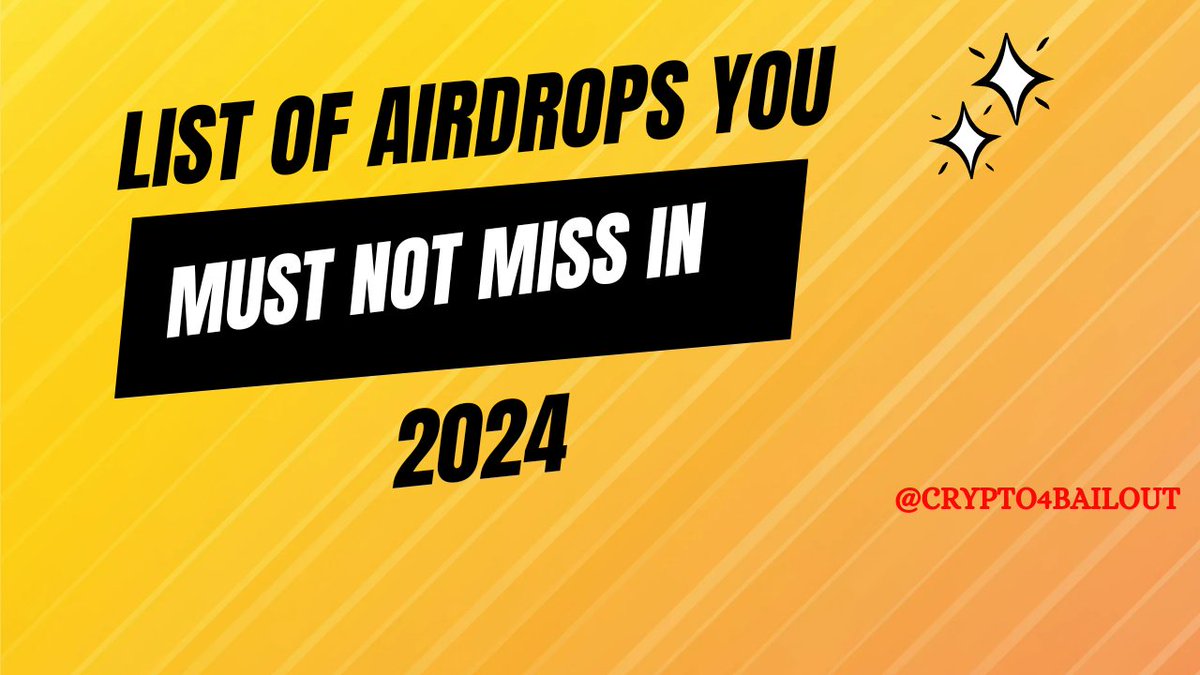 LIST OF #𝗔𝗜𝗥𝗗𝗥𝗢P YOU MUST NOT MISS IN 2024

If this tweet gets 1.2k likes I will source for the guide to participate in all the Airdrop and post it in the comment section.

☢️☢️List ✅

-Ethermail
-Zksync
-MarginFi
-EigenLayer
-Phantom Wallet
-Over Protocol
-Kinza Finance