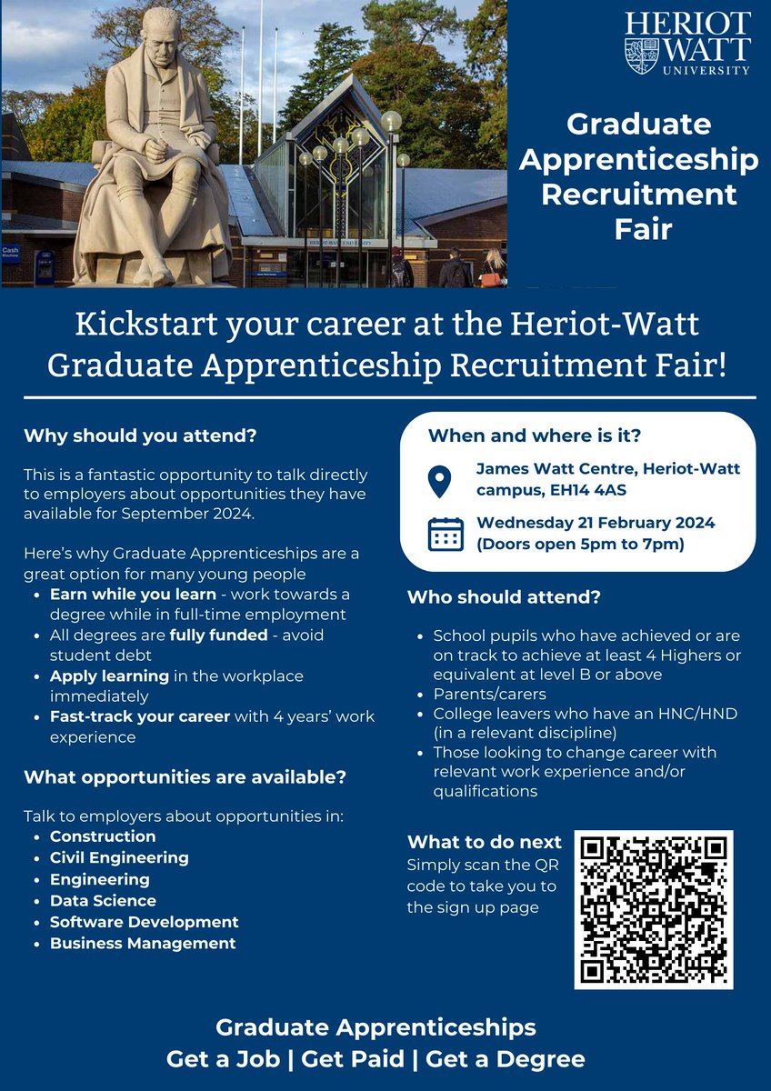 🚨 Graduate Apprenticeships Recruitment Fair 🚨
Just over 2 weeks until our inaugural Recruitment Fair!
Fantastic response so far - just a few places remaining. 
EARN WHILE YOU LEARN!!
Talk directly to employers about career opportunities!
Sign up today👉bit.ly/3w1WuOo
