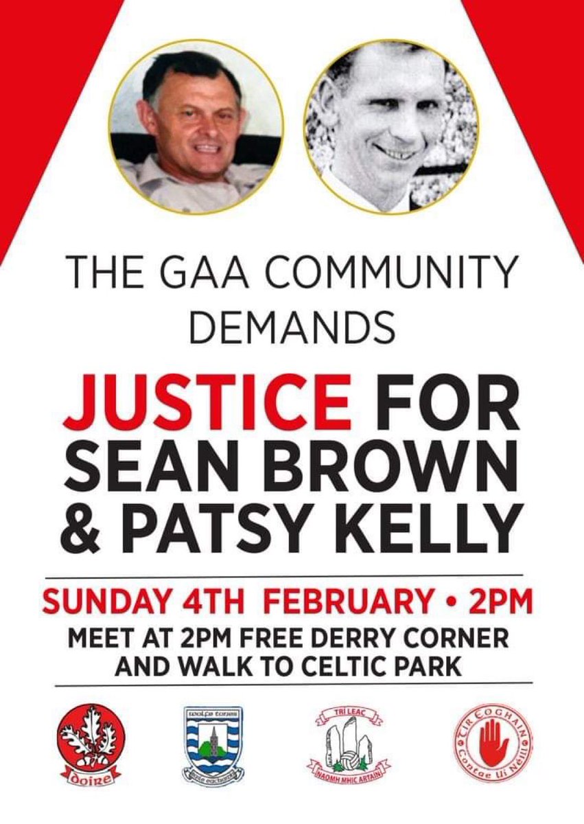 We invite all Gaels attending this Sundays National League fixture @Doiregaa v @TyroneGAALive to gather at Free Derry Corner at 2pm to show solidarity & walk with the Brown & Kelly families to Celtic Park. There IS time for an inquest if authorities cooperate & allow justice