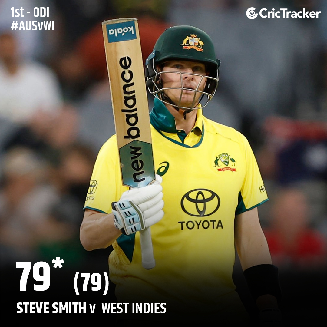 Cricketracker's tweet photo. A comprehensive victory for Australia against the West Indies in the first ODI. Captain Steve Smith led the chasing with unbeaten 79*(79).
#AusWI https://t.co/yByOQOO7ij