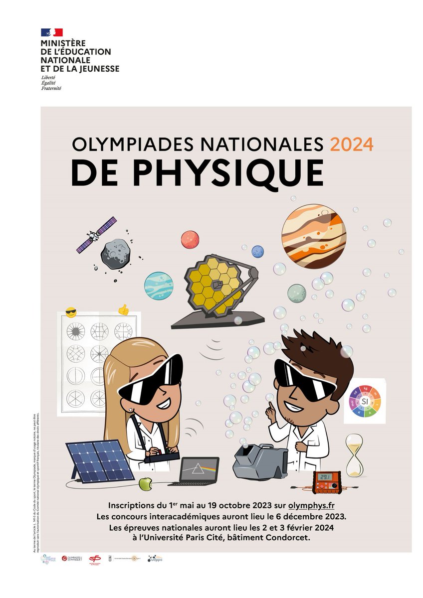 La finale nationale des Olympiades de physique 2024 débute aujourd'hui ! 🔭
Pendant deux jours, les groupes de lycéens partagent leur expérience de chercheur avec leurs camarades et le public. Bonne chance à toutes et tous ! 💪 education.gouv.fr/les-olympiades…