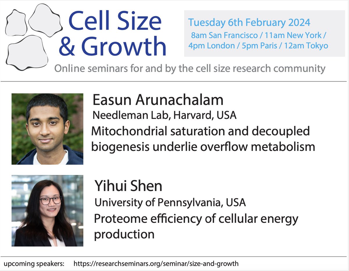 mpswaffer's tweet image. We’re back with more Cell Size & Growth seminars for 2024! Please join us online next week as we restart the series with two exciting talks from Easun Arunachalam and @DrYihuiShen.
More info including (free) registration and upcoming speakers: swafferlab.co.uk/size-and-growt…