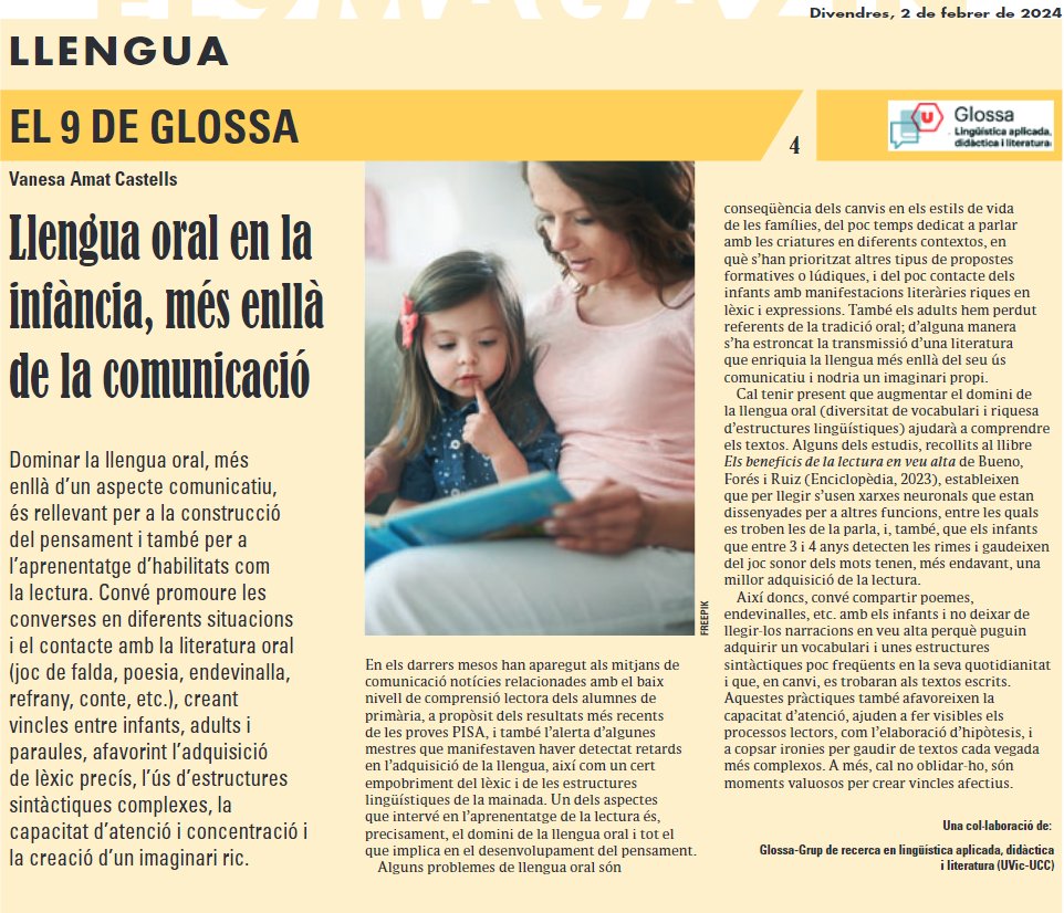 grupGlossa's tweet photo. Vanesa Amat Castells, investigadora de @grupGlossa, firma l'article de Glossa a El 9 Nou d'aquest mes: https://t.co/ZUqaMlv8eF
@UDivulga @UVic_FETEP @UVic_CRED @ICEUAB @educaciocat @llenguacatalana @edu365 @consorciedubcn @GrupGIEL @UVic_PhD @FacMagisteri  @VanesaAmatC https://t.co/Vc4DR8kwdj