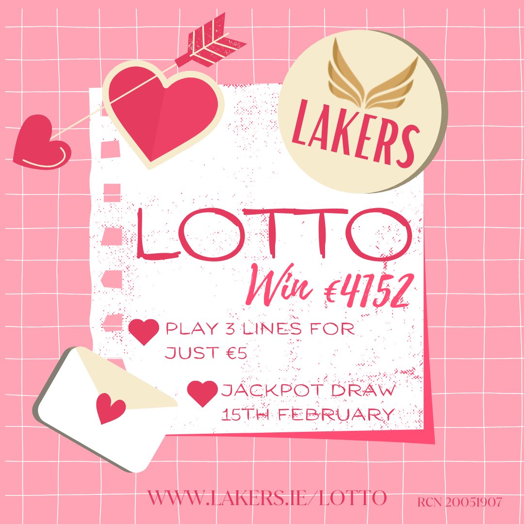Want to get your hands on €4152? enter Lakers Lotto and we could be calling you. What a way to celebrate the end of January - Finally!
Tickets are €2 for a line or 3 lines for €5 lakers.ie/lotto