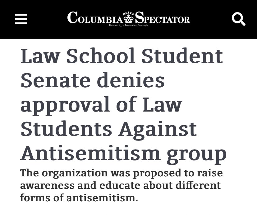 sfmcguire79's tweet photo. The Columbia Law School Student Senate refused to recognize a new “Law Students Against Antisemitism”group.

Of nine organizations to apply for recognition this year, it’s the only one that hasn’t been approved. https://t.co/5FraeGityU