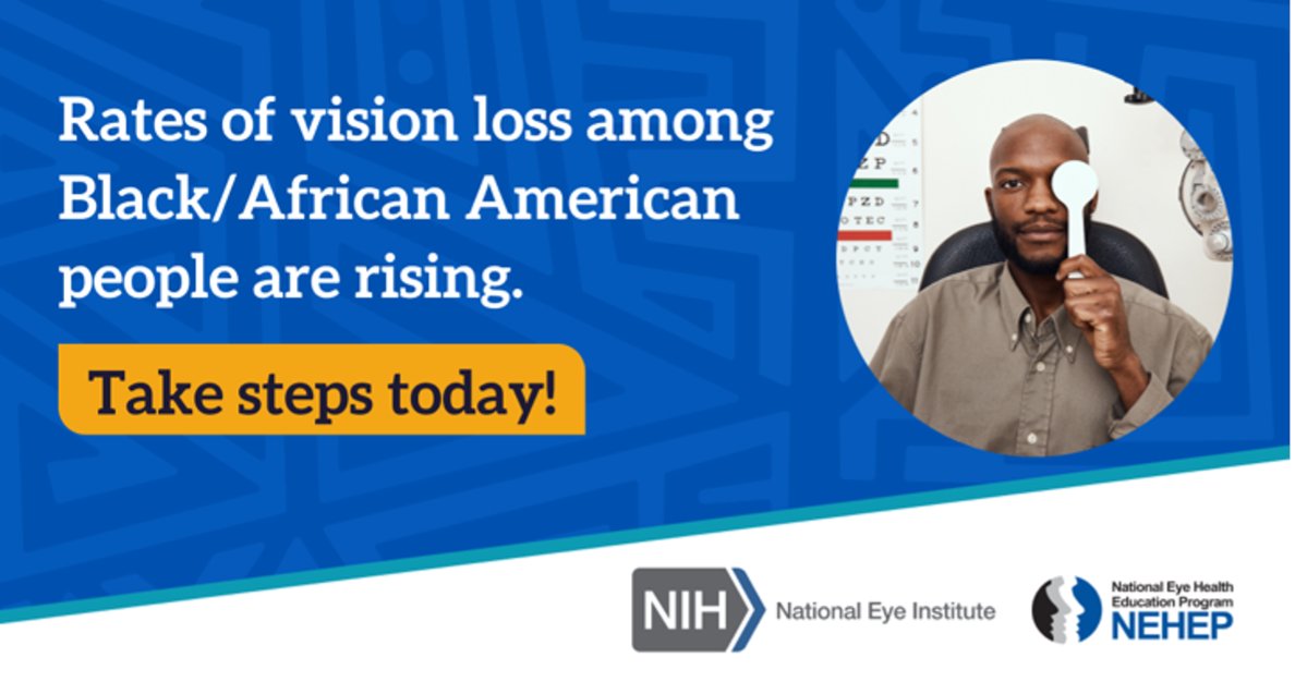 Black/African American people are at a higher risk of vision loss from some eye diseases. Getting a dilated #EyeExam can catch eye diseases early, when they’re easier to treat. Learn more: nei.nih.gov/GetYourEyesChe… #EyeHealthMyHealth #EyeHealthEducation
