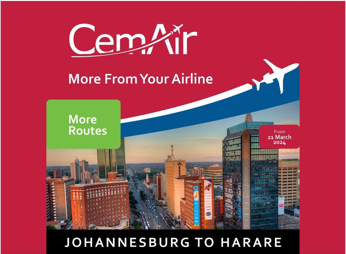 daddyhope's tweet photo. Fantastic news for folks who fly between Harare and Johannesburg.

A new South African airline coming onto the route will be starting service on March 21, 2024.

Many frequent fliers will hope that this will help lower prices on this route which has been the most expensive route per mile worldwide.

The introduction of a new airline often brings more competition, which can lead to better pricing and airline options for travellers.

It will be very interesting to see how CemAir’s entry will impact the overall market for flights between Harare and Johannesburg.

The more the merrier!!!