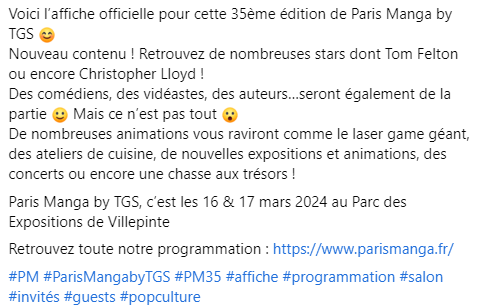 ParisManga's tweet photo. Nous vous dévoilons l'affiche de Paris Manga by TGS 35ème édition :)
Nous vous attendons nombreux les 16 &amp; 17 mars au Parc des Expos de Villepinte !

#PM #ParisMangabyTGS #PM35 #affiche #programmation #salon #invités #guests #popculture https://t.co/hebXxnpRSV