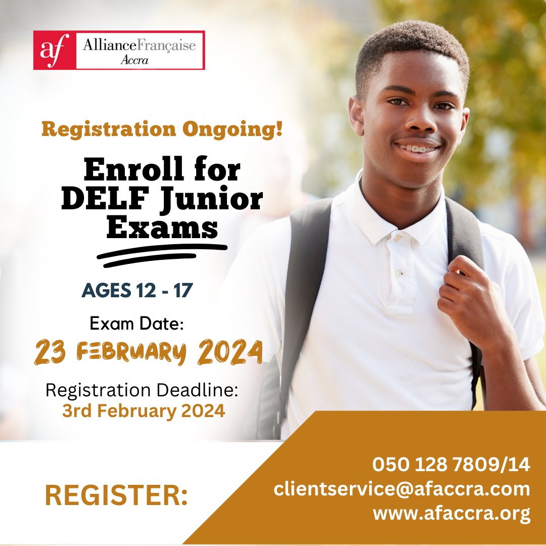 AF_Accra's tweet photo. Evaluate your children's French skills based on their level andgoals! Enroll them for the DELF Junior Exam now!
Contact us on 050 128 7809/14 or send an email to clientservice@afaccra.com for more info and registration.
#afaccra #delfdalf #delfjunior #delfprim #frenchlanguage https://t.co/nZV5uKmjMr