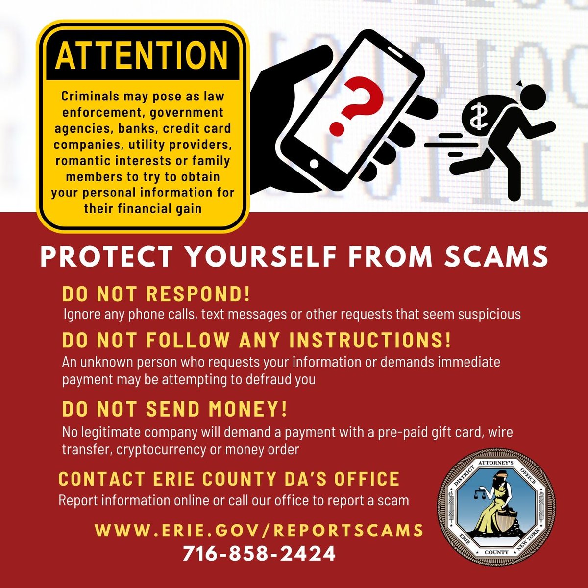 It's #IDtheft Awareness Week.

If you or someone you know has been the victim of a scam, you can report information directly to the Erie County District Attorney's Office through our website.

erie.gov/reportscams