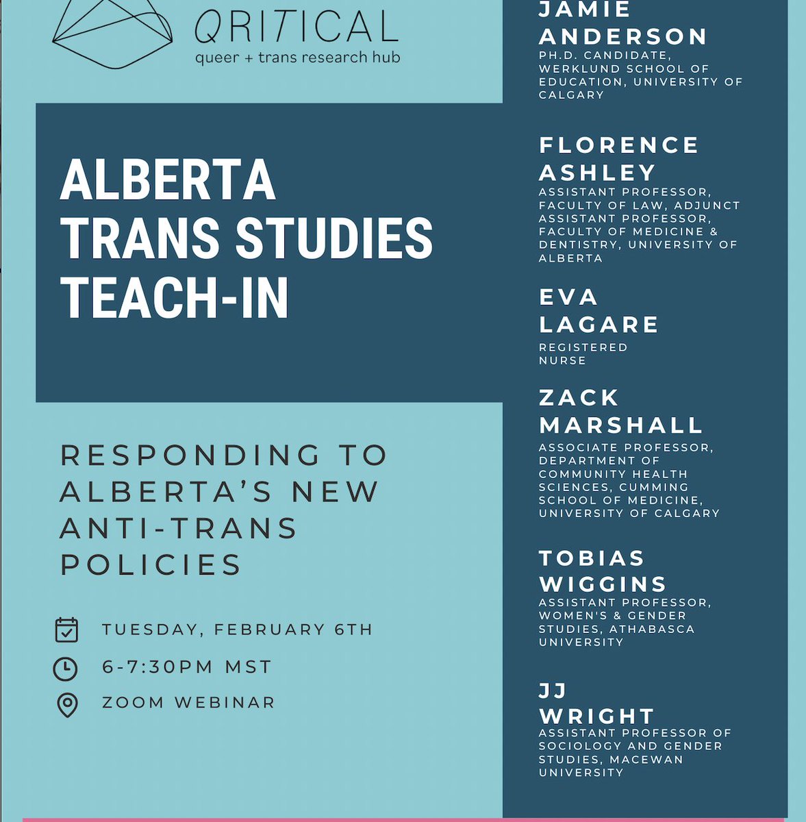 Hear from experts on the issues surrounding Alberta's new anti-trans, anti-queer policies. Misinformation is fuelling support for these policies, and this teach-in will help dispel some of it. Please share this event widely! Register tinyurl.com/ypv52fuy @ButNotTheCity