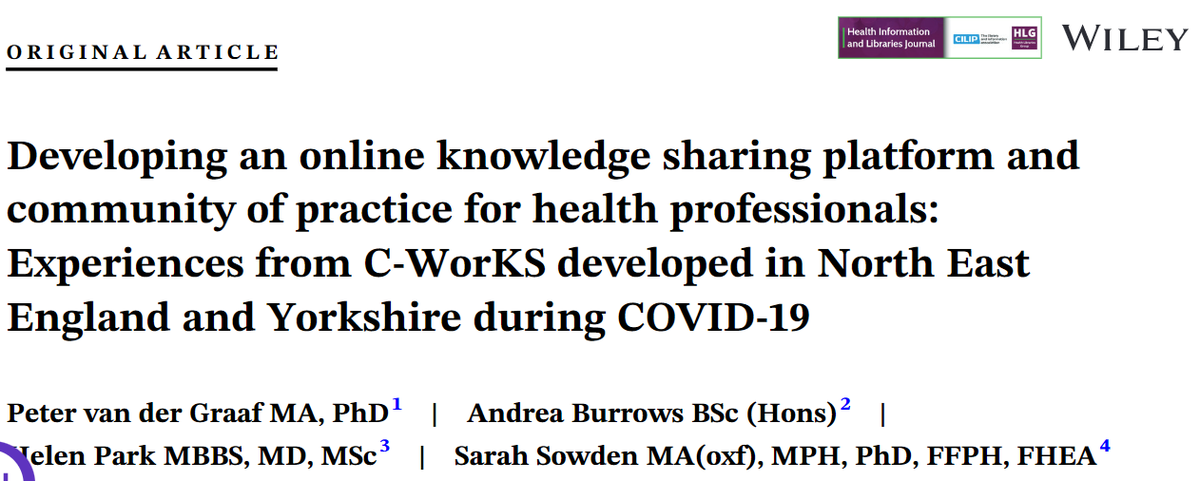 How to develop an online knowledge sharing platform and community of practice for health professionals? In our free paper you can read about our experiences with implementing C-WorKS  in North East England and Yorkshire during COVID-19: onlinelibrary.wiley.com/doi/10.1111/hi… 
4 key lessons: 1/5