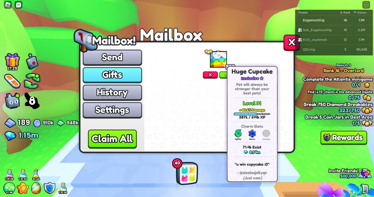 EugamusOrig2's tweet photo. My evening is so good now when @SizzlesJellyQn 's nightbot picks my name on her YT Live Streaming 💓💓💓 Thank you so much!!! I don't have the luck now of hatching active huge but the giveaway luck has it. 🍀🍀🍀 Good night everyone!! 😴💤 #EUG #EugamusOrig #PetSimulator99 #Nonis https://t.co/yZJdQJ8uq6