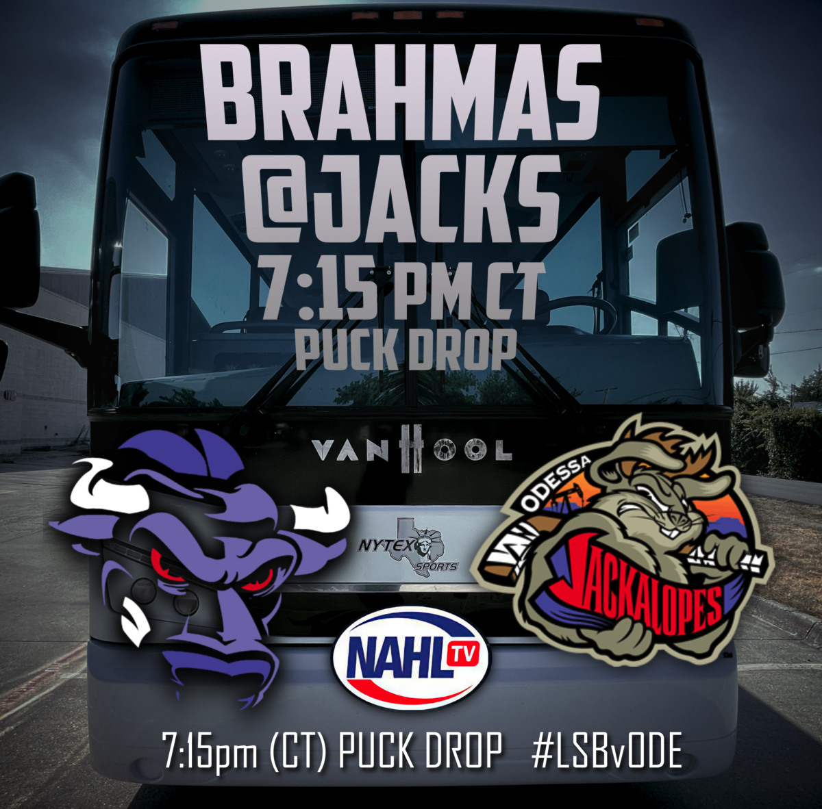 LoneStarBrahmas's tweet photo. The Friday Night vibe is 7:15pm puck drop on @nahlhockeyTV for the start of a two game series at Odessa! #LSBvODE #BrahmasHockey https://t.co/gtNMTnrr2X