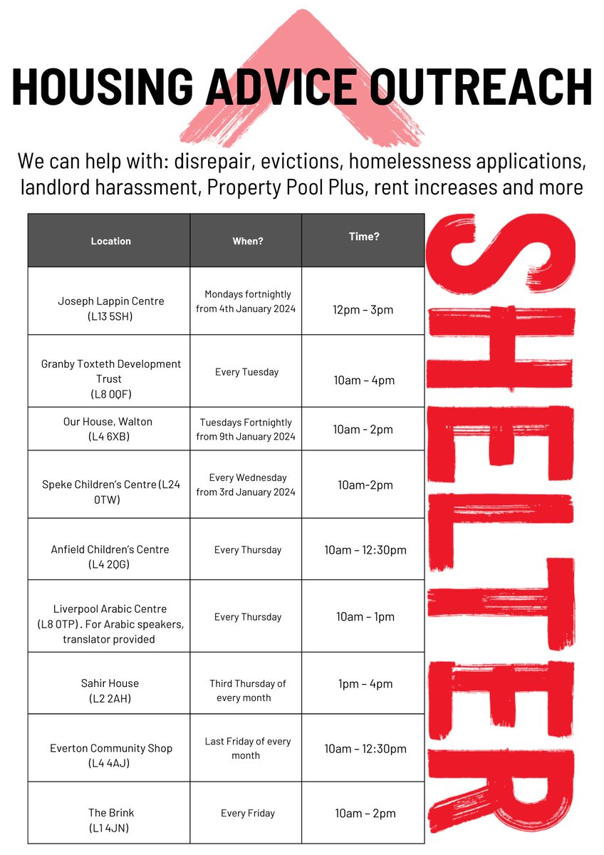 🏠 Need housing advice, advocacy, legal representation or support with DIY skills? Contact Shelter Merseyside and the team can support you at one of their outreach centres! 🏠