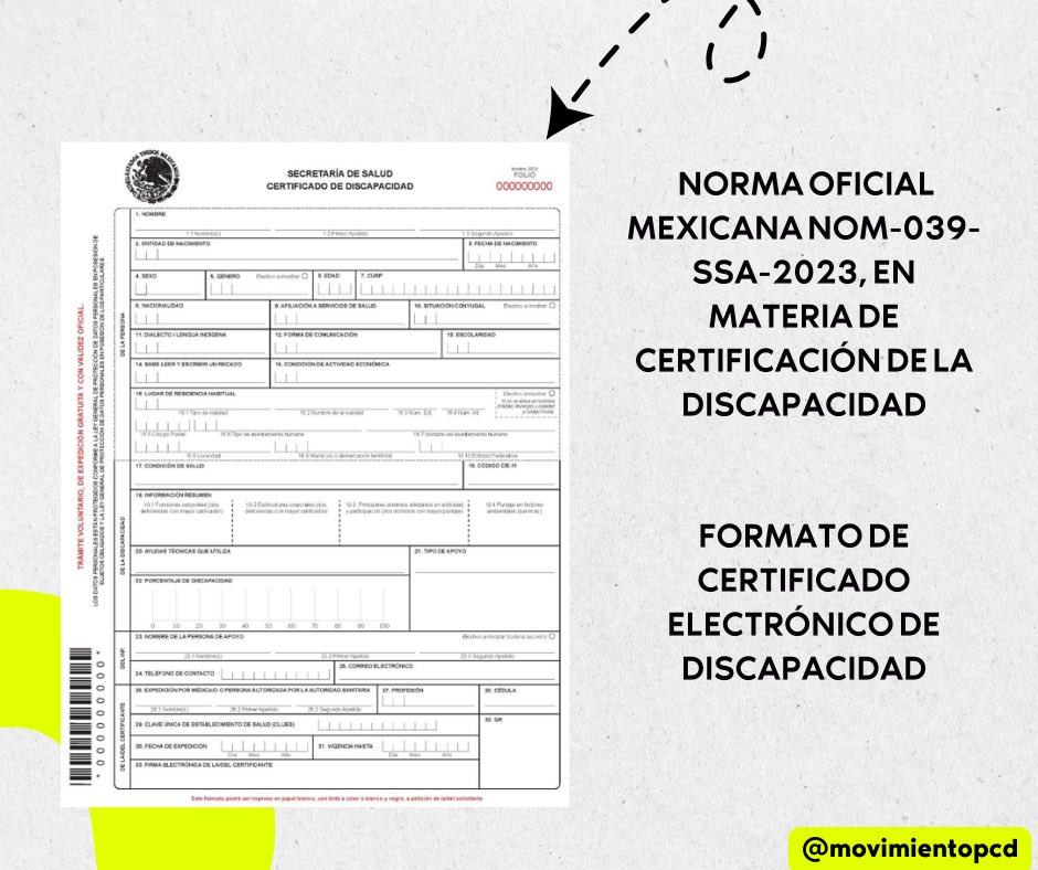 Oficialmente hoy 2 de febrero de 2024 se publica en el Diario Oficial de la Federación la NORMA Oficial Mexicana NOM-039-SSA-2023, En materia de Certificación de la Discapacidad. Consulta aquí: dof.gob.mx/nota_detalle.p…

#MovimientoPcD