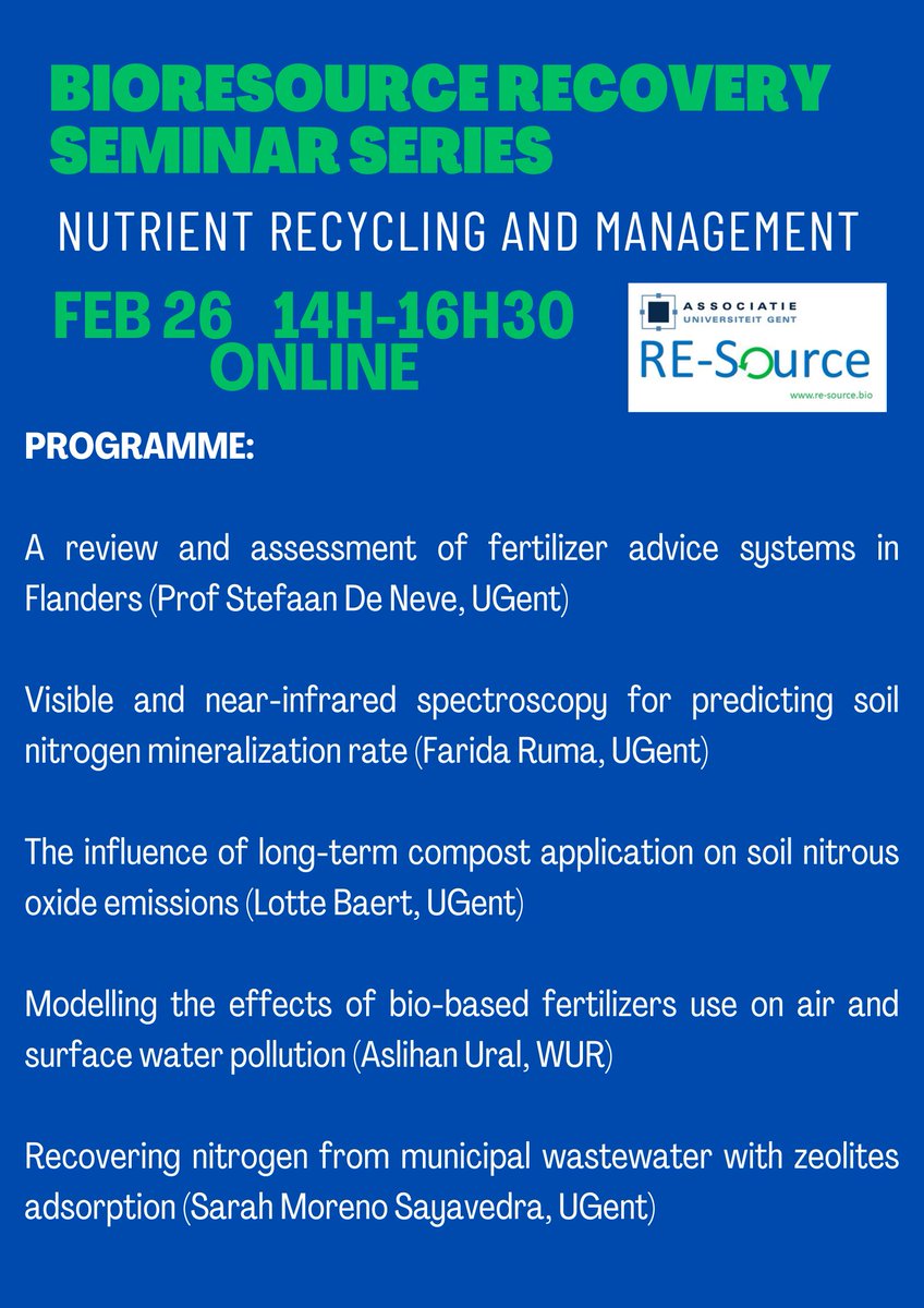 RE-Source Lab (@resourcelab_ug) on Twitter photo Are you interested in how to make #agriculture more #sustainable by improving #nutrient recycling and management? Then join our Bioresource Recovery Seminar Series on this theme!
🗓️Feb 26
🕒14h-16h30
💻Online
Registrations via the link event.ugent.be/registration/n……
<a href="/FbwUGent/">Faculty of Bioscience Engineering UGent</a> Are you interested in how to make #agriculture more #sustainable by improving #nutrient recycling and management? Then join our Bioresource Recovery Seminar Series on this theme!
🗓️Feb 26
🕒14h-16h30
💻Online
Registrations via the link event.ugent.be/registration/n……
<a href="/FbwUGent/">Faculty of Bioscience Engineering UGent</a>