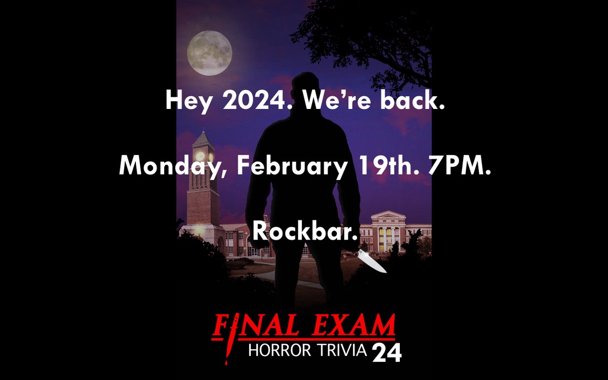 FinalExamTrivia's tweet photo. NYC! Clear your calendar for Monday, February 19th, and let's play some spooky, ooky trivia! 

We hope to see you back at @RockbarNY for an all-new Final Exam, with hosts @TedGeoghegan and #MichaelGingold! The fun starts at 7PM sharp! 🔪 https://t.co/2lpURPgGIV