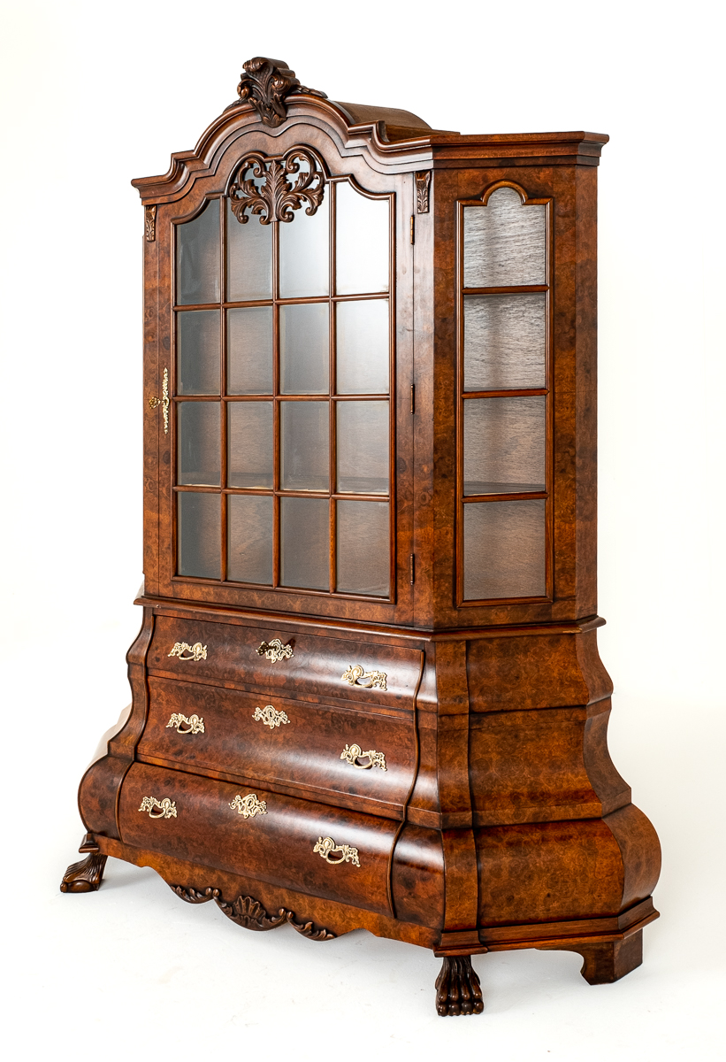 Burr Walnut Dutch Shaped Cabinet available from philiphuntantiques.co.uk #displaycabinet #ealnutcabinet #antiquedealersofnorfolk #norwich #norfolk #antiquesandinteriors #decorative