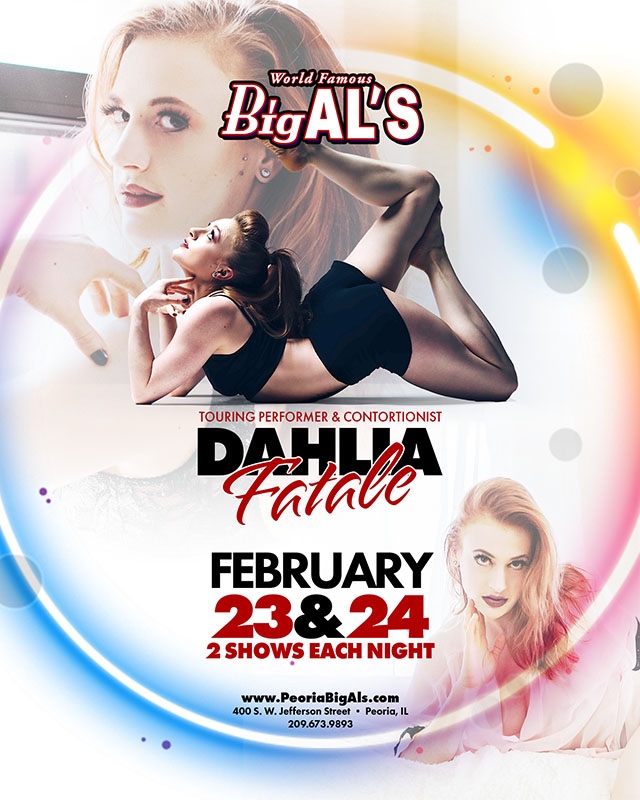 See something amazing - February 23 & 24! 🤩 
Don't miss Dahlia Fatale, the incredible burlesque contortionist at Big Al's! This one-of-a-kind show is sure to leave you in awe. 🤩 #burlesque #contortionist #dontmissit 🤸‍♀️ #bigalsspeakeasy #peoriaIL