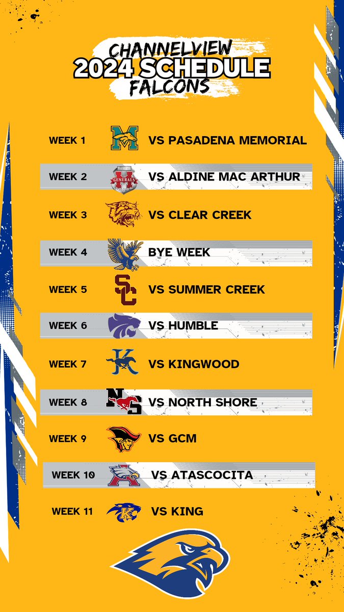 Channelview Football (@chsfalcons_fb) on Twitter photo Falcon Football 2024 Schedule #GoFalcons Falcon Football 2024 Schedule #GoFalcons