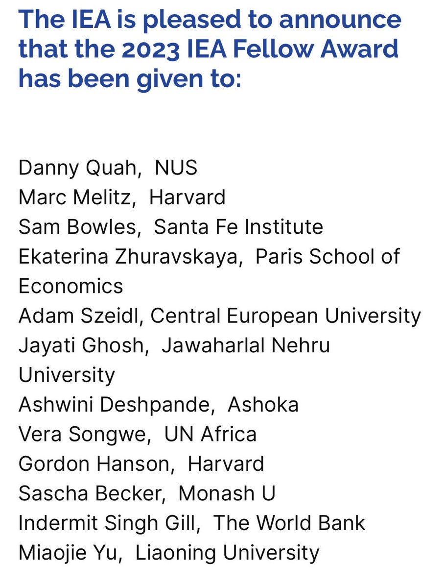 Congratulations to the new IEA Fellows, one of the highest recognitions for original work conferred by the International Economic Association.