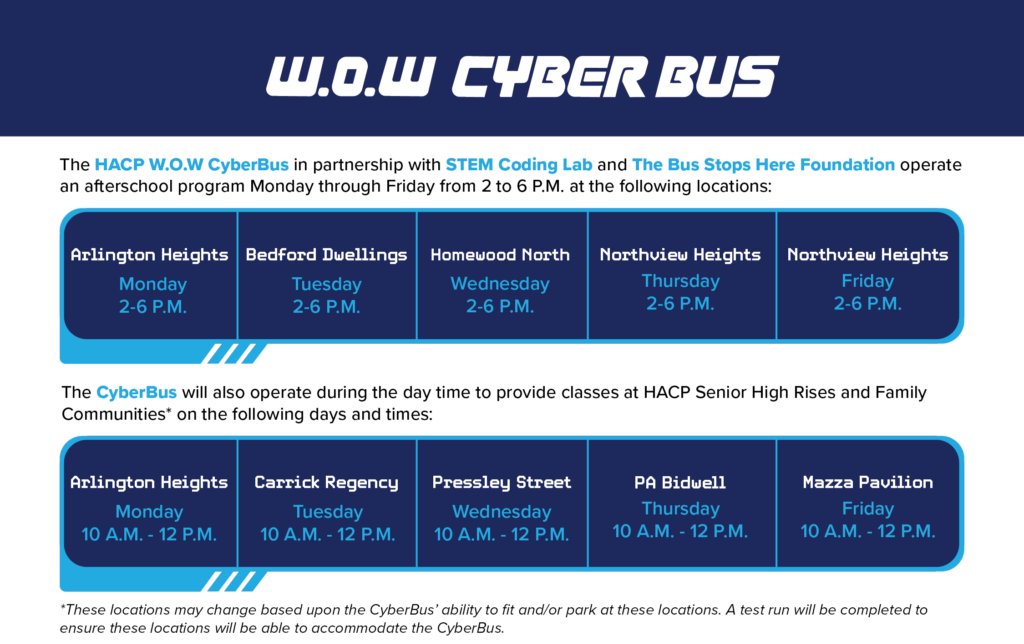 Check out the (W.O.W.) CyberBus at the following locations each week. The program, in partnership with @STEMCodingLab and @BusStopsHereFdn, is working with students and adults to help increase digital literacy across all HACP communities. Learn more here: bit.ly/42n3fpW