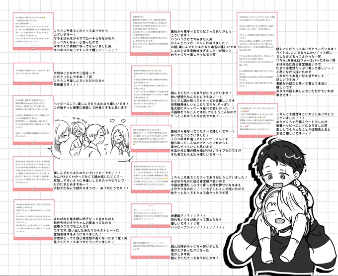 ましゅまろのお返事です〜!まとめてで申し訳ないです…!
お返事不要の方も本当にありがとうございました〜!!
楽しんでもらえたんだな〜ってわかるとほんとに嬉しい…ヘヘ 