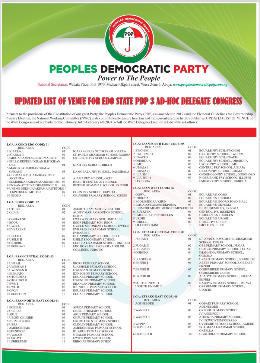 OfficialPDPNig's tweet photo. UPDATED LIST OF VENUE FOR EDO STATE PDP 3 AD-HOC DELEGATE CONGRESS

Pursuant to the provisions of the Constitution of our great Party, the Peoples Democratic Party (PDP) @OfficialPDPNig (as amended in 2017) and the Electoral Guidelines for Governorship Primary Election, the National Working Committee (NWC) in its commitment to ensure free, fair and transparent exercise hereby publish an UPDATED LIST OF VENUE of the Ward Congresses of our Party for the February 3rd to February 4th 2024, 3 Ad-Hoc Ward Delegates Election in Edo State as follows: